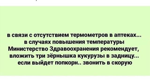 в связи с отсутствием термометров аптеках в случаях повышения температуры Министерство Здравоохранения рекомендует вложить три зёрнышка кукурузы в задницу если выйдет попкорн звонить в скорую