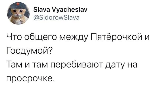 Зіача уасЬеЫач ЭісіогошЭіаа Что общего между Пятёрочкой и Госдумой Там и там перебивают дату на просрочке
