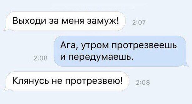Выходи за меня замуж Ага утром протрезвеешь и передумаешь Клянусь не протрезвею