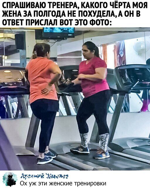 СПРАШИВАЮ ТРЕНЕРА КАКОГО ЧЕРТА МОЯ ЖЕНА ЗА ПОЛГОДА НЕ ПОХУДЕЛАА ОН В ОТВЕТ ПРИСЛАЛ ВОТ ЭТО ФОТО Агнии Зашел л Ох уж эти женские тренировки