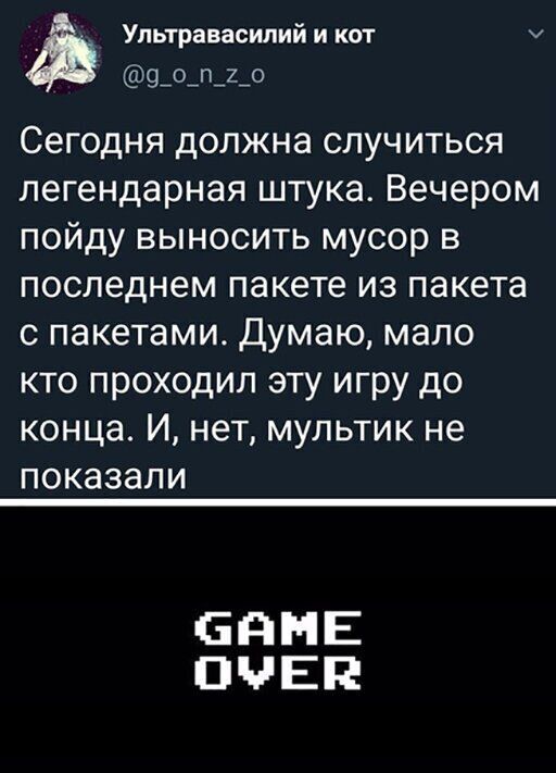 _ Упьтравасипий и кот У 9_о_п_2_о Сегодня должна случиться легендарная штука Вечером пойду выносить мусор в последнем пакете из пакета с пакетами Думаю мало кто проходил эту игру до конца И нет мультик не показали ЕЁМЕ ПЧЕЕ