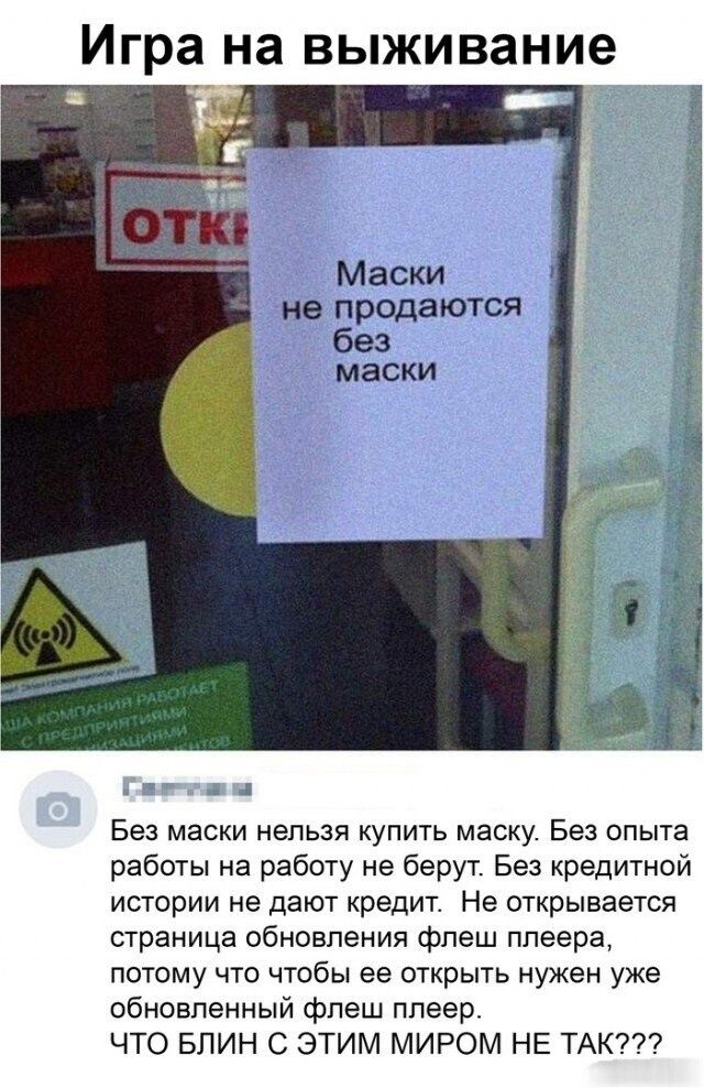 Игра на выживание ГШ Без маски нельзя купить маску Без опыта работы на работу не берут Без кредитной истории не дают кредит Не открывается страница обновления флеш плеера потому что чтобы ее открыть нужен уже обновленный флеш плеер ЧТО БЛИН С ЭТИМ МИРОМ НЕ ТАК
