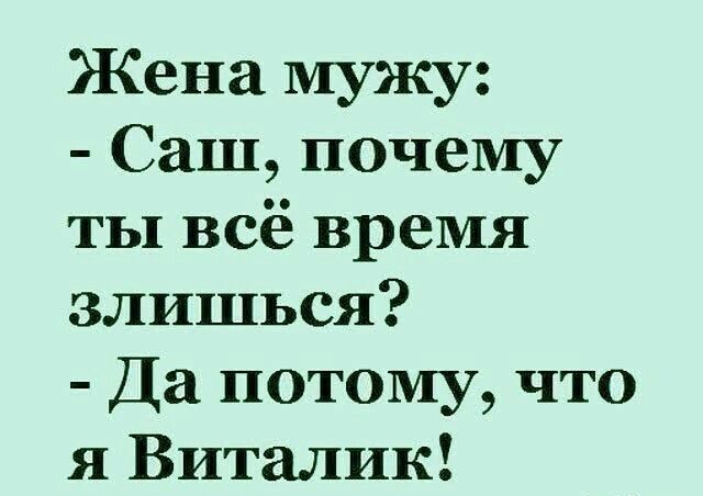 Жена мужу Саш почему ты всё время злишься Да потому что я Виталик