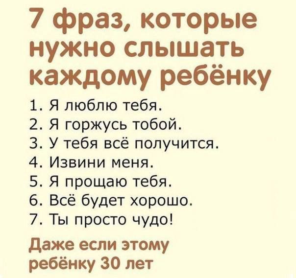 7 фраз которые нужно слышать каждому ребёнку 1 Я люблю тебя 2 Я горжусь тобой 3 У тебя всё получится 4 Извини меня 5 Я прощаю тебя 6 Всё будет хорошо 7 Ты просто чудо Даже если этому ребёнку 30 лет