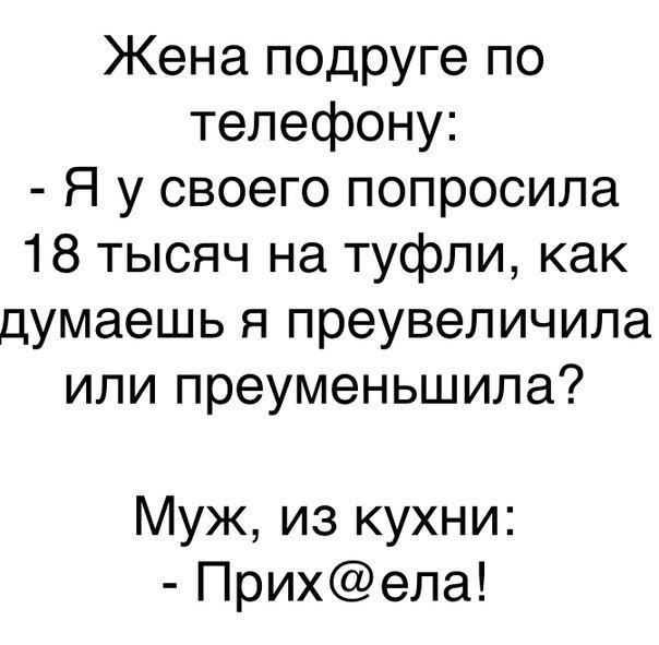 Жена подруге по телефону Я у своего попросила 18 тысяч на туфли как думаешь я преувеличила или преуменьшила Муж из кухни Прихела