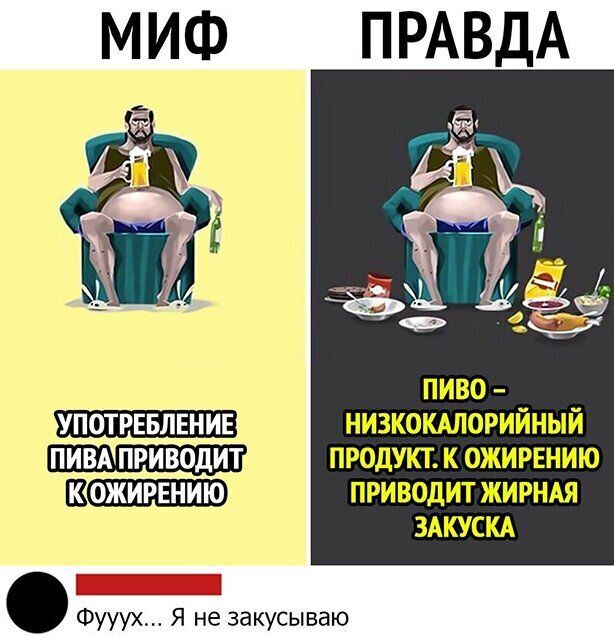 ПРАВДА УПОТРЕБЛЕНИЕ НИЗКОКАЛОРИЙНЫЙ ПИВА ПРИВОДИТ ПРОДУКТ К ОЖИРЕНИЮ КЩЩЕШЕ приводит жирнш ЗАКУСКА 1_ Фууух Я не закусываю