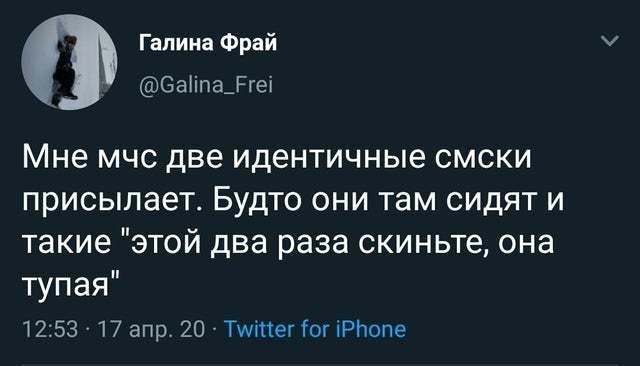 Галина Фрай Ваіпа_Ргеі Мне мчс две идентичные смски присылает Будто они там сидят и такие этой два раза скиньте она тупая 1253 17 апр 20 Титег Тот іРЬопе