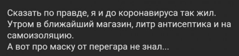 Сказать по правде я и до коронавируса так жил Утром в ближайший магазин литр антисептика и на самоизоляцию А вот про маску от перегара не знал