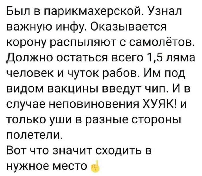 Был в парикмахерской Узнал важную инфу Оказывается корону распыляют с самолётов Должно остаться всего 15 ляма человек и чуток рабов Им под видом вакцины введут чип И в случае неповиновения ХУЯК и только уши в разные стороны полетели Вот что значит сходить в нужное место