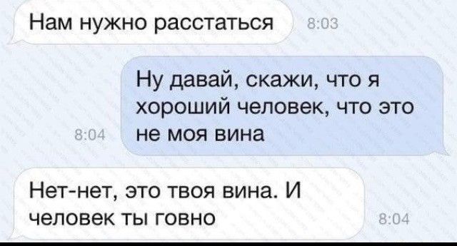 Нам нужно расстаться Ну давай скажи что я хороший человек что это не моя вина Нет нет это твоя вина И человек ты говно