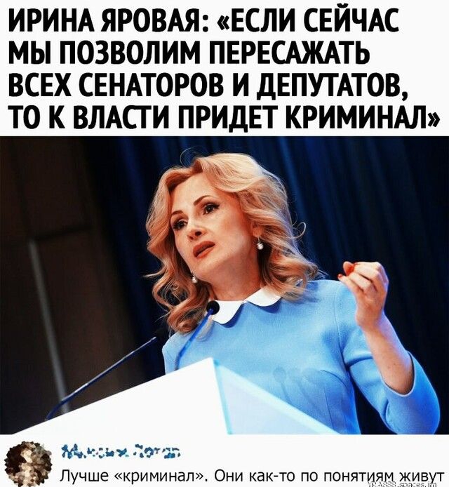 ИРИНА ЯРОВАЯ ЕСЛИ СЕЙЧАС МЫ ПОЗВОЛИМ ПЕРЕСАЖАТЬ ВСЕХ СЕНАТОРОВ И ДЕПУТАТОВ ТО К ВЛАСГ И ПРИДЕТ КРИМИНАЛ