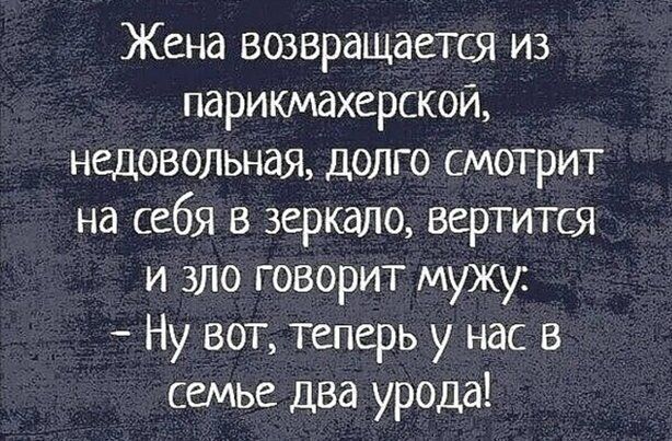 Жена возвращается из парикмахерской недовольная долго смотрит на себя в зеркало вертится и зло говорит мужу Ну вот теперь у нас в семье два урода
