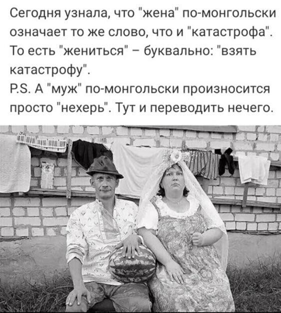 Сегодня узнала что жена по монгопьски означает то же слово что и катастрофа То есть жениться буквально взять катастрофу Р А муж по монгольски произносится просто нехерь Тут и переводить нечего
