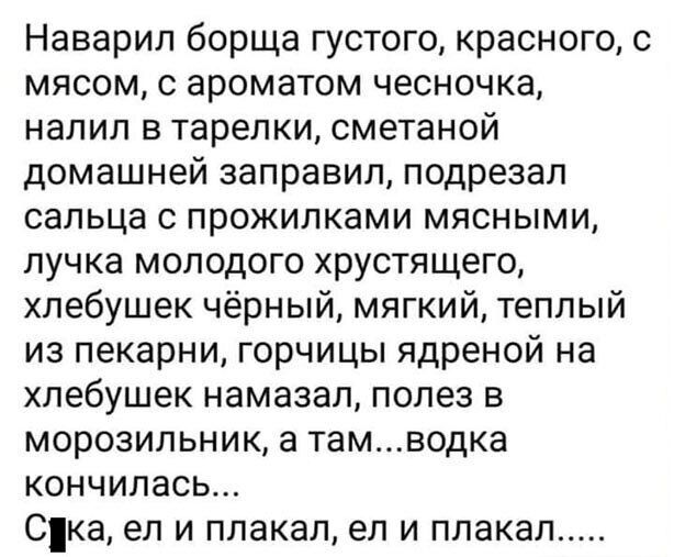 Наварил борща густого красного с мясом с ароматом чесночка налил в тарелки сметаной домашней заправил подрезал сальца с прожилками мясными лучка молодого хрустящего хлебушек чёрный мягкий теплый из пекарни горчицы ядреной на хлебушек намазал полез в морозильник а тамводка кончилась Ска ел и плакал ел и плакал