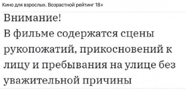 Кино для взрослых Возрастной рейтинг 13 Внимание В фильме содержатся сцены рукопожатий прикосновений к лицу и пребывания на улице без уважительной причины
