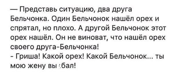 Представь ситуацию два ЦРУГа Бепьчонка Один Бельчонок нашёл орех и спрятал но плохо А другой Бельчонок этот орех нашёлт Он не виноват что нашёл орех своего другаБепьчонка Гриша Какой орех Какой Бельчонок ты мою жену БЕЯ 163