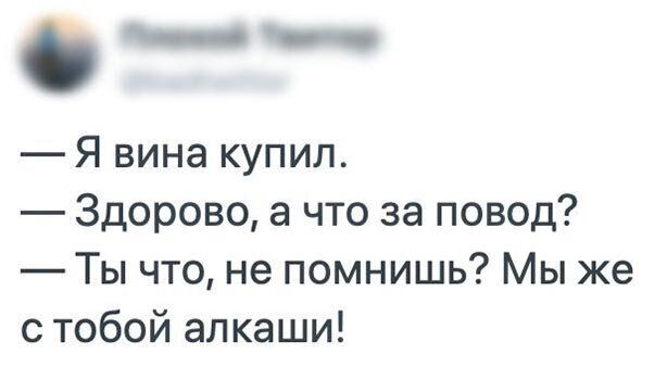 Я вина купил Здорово а что за повод Ты что не помнишь Мы же с тобой алкаши