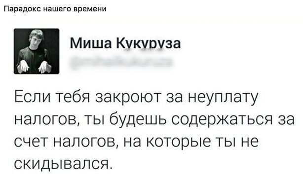 Парадокс нашего времени и Миша Кукуруза 4 Если тебя закроют за неуплату налогов ты будешь содержаться за СЧЕТ НЭЛОГОВ на которые ТЫ не СКИДЫВЭПСЯ