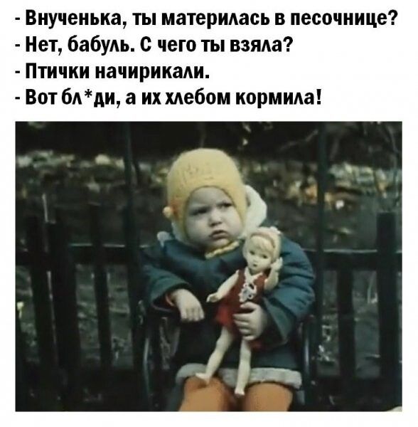 Внученька ты материдась в песочнице Нет бабум с чего ты взяда Птички начирикади Вот блдщ а их хлебом кормила