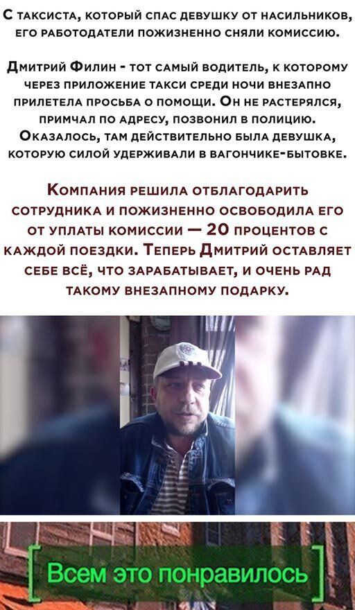 С тдксистд который спАс девушку от нАсильникое его рАеотодАтепи пожизненно сняли комиссию дмитрий Филин тот сдмый водитель которому через приложение ТАКСИ среди ночи внездпно ПРИЛЕТЕПА ПРОСЬБА помощи Он не рАстерялся примчАл по Адресу позвонил в полицию ОКАЗАЛОСЬ ТАМ действительно вым девушкд которую силой УДЕРЖИВАПИ в вдгончике еытовке Компдния РЕШИПА ОТБЛАГОДАРИТЬ сотрудникд и пожизненно освоеод