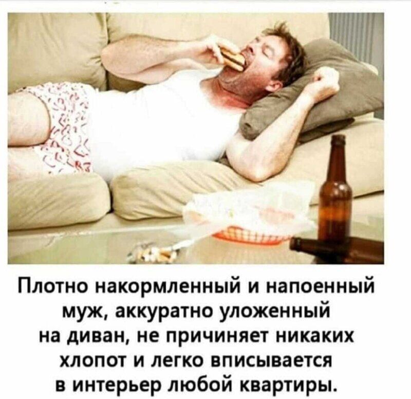 Плотно накормленный и напоенный муж аккуратно уложенный на диван не причиняет никаких хлопот и легко вписывается в интерьер любой квартиры
