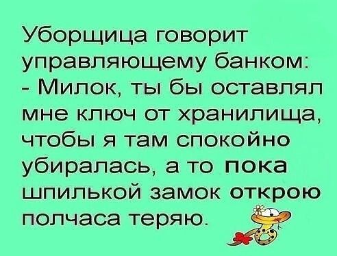 Уборщица говорит управляющему банком Милок ты бы оставлял мне ключ от хранилища чтобы я там спокойно убиралась а то пока шпилькой замок открою полчаса теряю