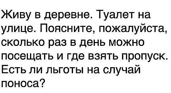 Живу в деревне Туалет на улице Поясните пожалуйста сколько раз в день можно посещать и где взять пропуск Есть ли льготы на случай поноса