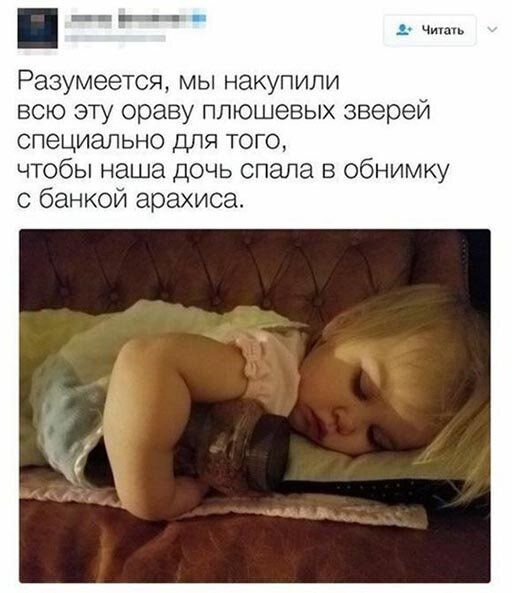 г _ ч Разумеется мы накупили всю эту ораву плюшевых зверей специально для того чтобы наша дочь спала в обнимку с банкой арахиса