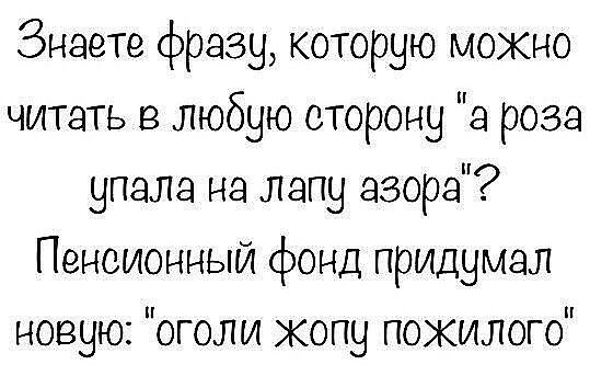 Знаете фразу которую можно читать в любую сторону а роза упала на лапу азора Пенсионный фонд придумал новую оголи копу пожилого