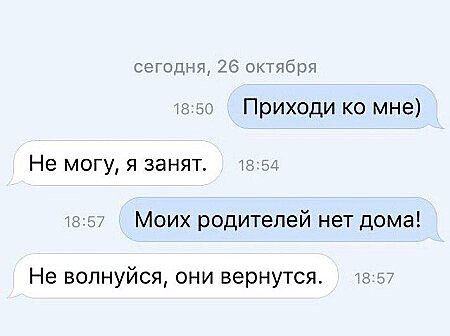 сеГодня 26 октября та Приходи ко мне Не могу я занят та 54 111 Моих родителей нет дома Не волнуйся они вернутся
