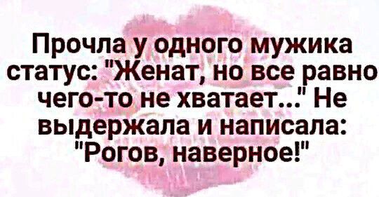 Прочла у одного мужика статус Женат но все равно чего то не хватает Не выдержала и написала Рогов наверное