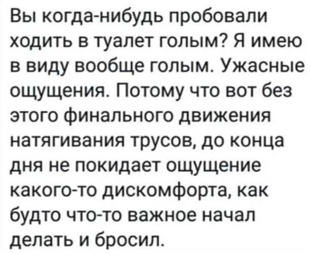 Вы когда нибудь пробовали ходить в туалет голым Я имею в виду вообще голым Ужасные ощущения Потому что вот без этого финального движения натягивания трусов до конца дня не покидает ощущение какого то дискомфорта как будто что то важное начал делать и бросил