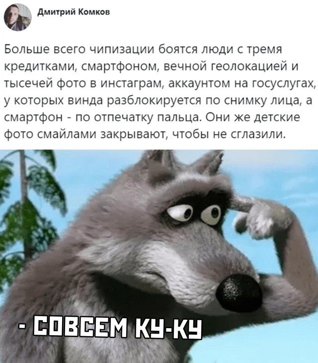 дмитрий Комков Больше всего чипизации боятся люди с тремя кредитками смартфоном вечной геолокацией и тысечей фото в инстаграм аккаунтом на госуслугах у которых винда разблокируется по снимку лица а смартфон по отпечатку пальца Они же детские фото смайлами закрывают чтобы не ставили