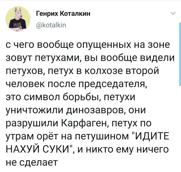 дд Генрих Котапкин Кота і п с чего вообще опущенных на зоне зовут петухами вы вообще видели петухов петух в колхозе второй человек после председателя это символ борьбы петухи уничтожили динозавров они разрушили Карфаген петух по утрам орёт на петушином ИДИТЕ НАХУЙ СУКИ и никто ему ничего не сделает