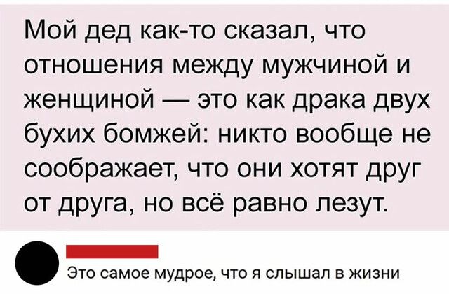 Мой дед как то сказал что отношения между мужчиной и женщиной это как драка двух бухих бомжей никто вообще не соображает что они хотят друг от друга но всё равно лезут _ Это самое мудрое что я слышал в жизни