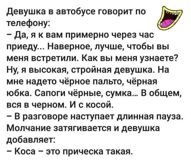 телефону дая к вам примерно через час приеду Наверное лучше чтобы вы меня встретили Как вы меня узнаете Ну я высокая стройная девушка На мне надето чёрное пальто чёрная юбка Сапоги чёрные сумка В общем вся в черном И с косой В разговоре наступает длинная пауза Молчание затягивается и девушка добавляет Коса это прическа такая девушка в автобусе говорит по