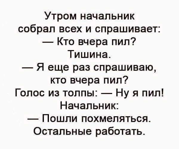 Утром начальник собрал всех и спрашивает Кто вчера пил Тишина Я еще раз спрашиваю кто вчера пил Голос из толпы Ну я пил Начальник Пошли похмеляться Остальные работать