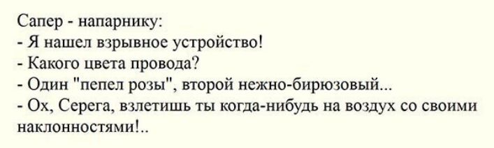 Сапер напарнику Я нашел взрывное устройство Какого цвета провода Один пепел розы второй нежно бирюзовый Ох_ Серега взлетишь ты когданибудь на воздух со своими наклонностями
