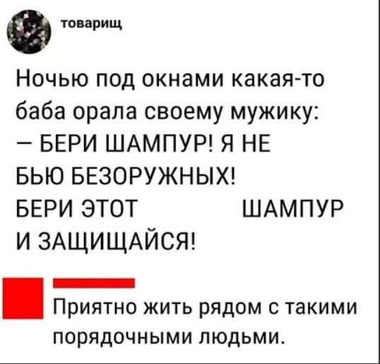 товарищ Ночью под окнами какая то баба орала своему мужику БЕРИ ШАМПУР Я НЕ БЬЮ БЕЗОРУЖНЫХ БЕРИ ЭТОТ ШАМПУР И ЗАЩИЩАЙСЯ _ ПРИЯТНО ЖИТЬ РЯДОМ С ТЗКИМИ ПОРЯДОЧНЫМИ ЛЮДЬМИ