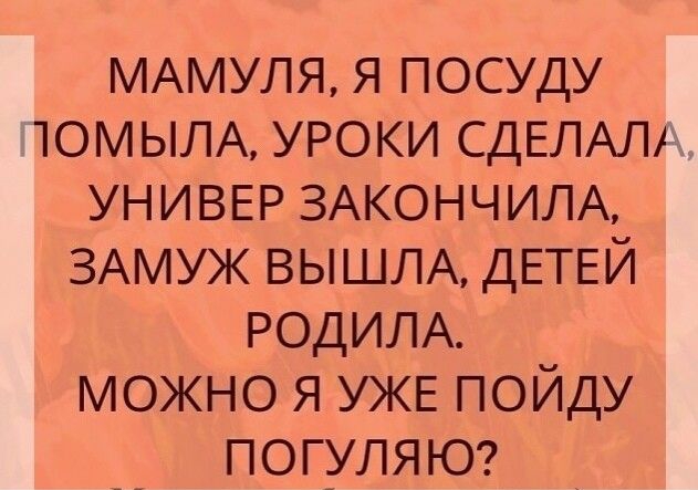МАМУЛЯ я посуду ПОМЫЛА уроки СДЕЛАЛА УНИВЕР 3АКОНЧИЛА ЗАМУЖ ВЫШЛА ДЕТЕЙ РОДИЛА можно я УЖЕ пойду ПОГУЛЯЮ