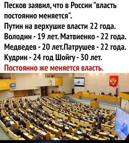 Песков заявил что в России впасть постоянно меняется Путин на верхушке власти 22 года Володин 19 лет Матвиенко 22 года Медведев 20 летПатрушев 22 года Кудрин 24 год Шойгу 30 лет