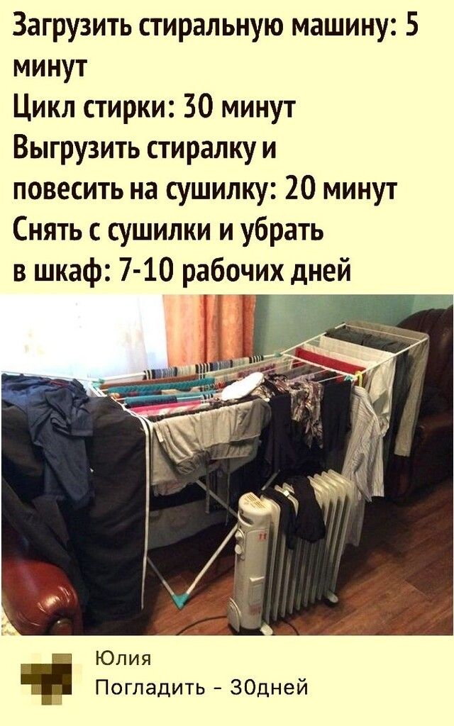 Загрузить стиральную машину 5 минут Цикл стирки 30 минут Выгрузить сти ралку и повесить на сушилку 20 минут Снять с сушилки и убрать в шкаф 7 10 рабочих дней Юлия Ё ПогладитьЗОдней