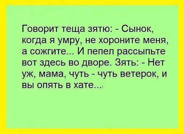 Говорит теща зятю Сынок когда я умру не хороните меня а сожгите И пепеп рассыпьте вот здесь во дворе Зять Нет уж мама чуть чуть ветерок и вы опять в хате