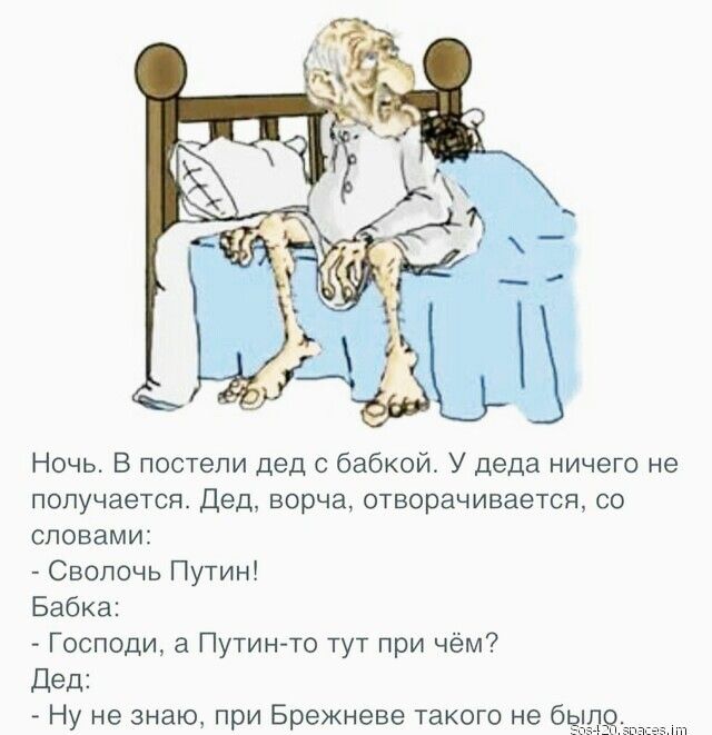 Ночь В постели дед с бабкой У деда ничего не получается Дед ворча отворачивается со словами Сволочь Путин Бабка Господи а Путин то тут при чём Дед Ну не знаю при Брежневе такого не биг