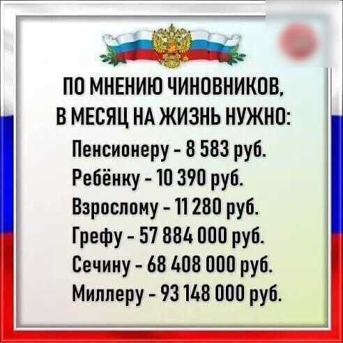 ПО МНЕНИЮ ЧИНПВНИКПВ В МЕСЯЦ НА ЖИЗНЬ НУЖНО Пенсионеру 8 583 руб Ребёнку 10 390 руб Взрослому 11 280 руб Грефу 57 881 100 руб Сечину 68 408 ПШ руб Мипперу 93148 000 руб