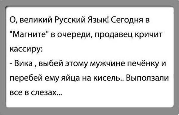 О великий Русский Язык Сегодня в Магните в очереди продавец кричит кассиру Вика выбей этому мужчине печёнку и перебей ему яйца на кисель Выползали все в слезах