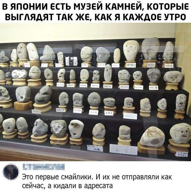 В ЯПОНИИ ЕСТЬ МУЗЕЙ КАМНЕЙ КОТОРЫЕ ВЫГАЯДЯТ ТАК ЖЕ КАК Я КАЖДОЕ УТРО Это первые смайлики И их не отправляли как сейчас а кидали в адресата