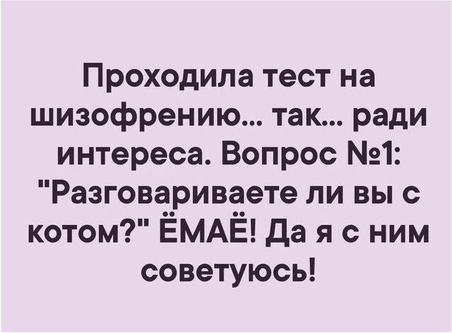 Проходила тест на шизофрению так ради интереса Вопрос 1 Разговариваете ли вы с котом ЁМАЁ Да я с ним советуюсь