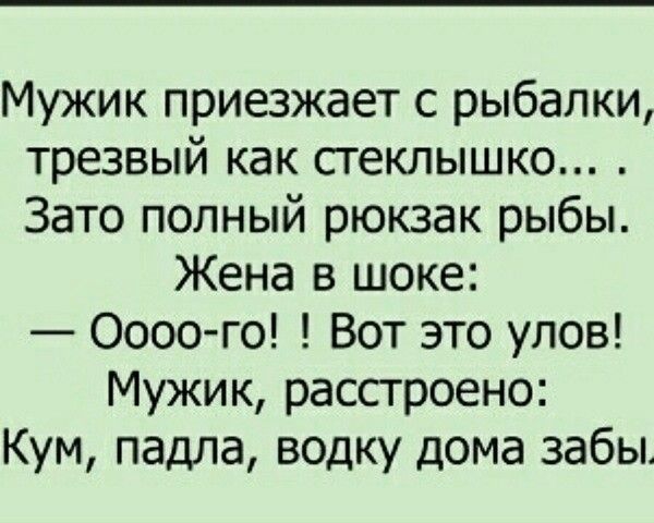 Мужик приезжает с рыбалки трезвый как стеклышко Зато полный рюкзак рыбы Жена в шоке Оооо го Вот это улов Мужик расстроено Кум падла водку дома забы