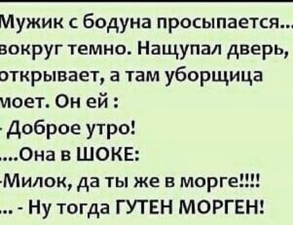 Мужик с бодуна просыпается вокруг темно Нащупал дверь открывает а там уборщица иоет Он ей Доброе утро Она в ШОКЕ Милок да ты же в морге Ну тогда ГУТЕН МОРГЕН